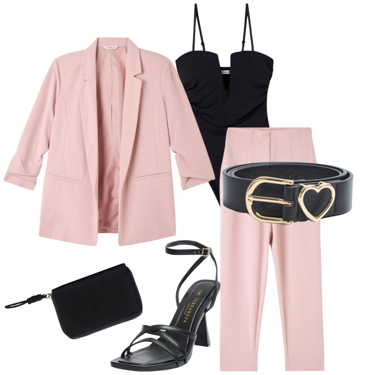 Outfit donna - Rosa. Stile Casual chic per Serata fuori. Abbinamento con pantaloni chino, body, blazer, cinture, sandali col tacco, portafogli.