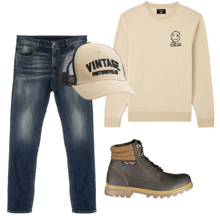 Outfit uomo - Total look #1832812. Stile Urban per Tutti i giorni. Abbinamento con felpe, cappelli, jeans, stivali.