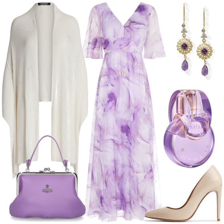 Outfit donna - Cerimonia. Stile Romantica per Cerimonia. Abbinamento con orecchini, profumi, vestiti lunghi, sciarpe, décolleté, borse a mano.