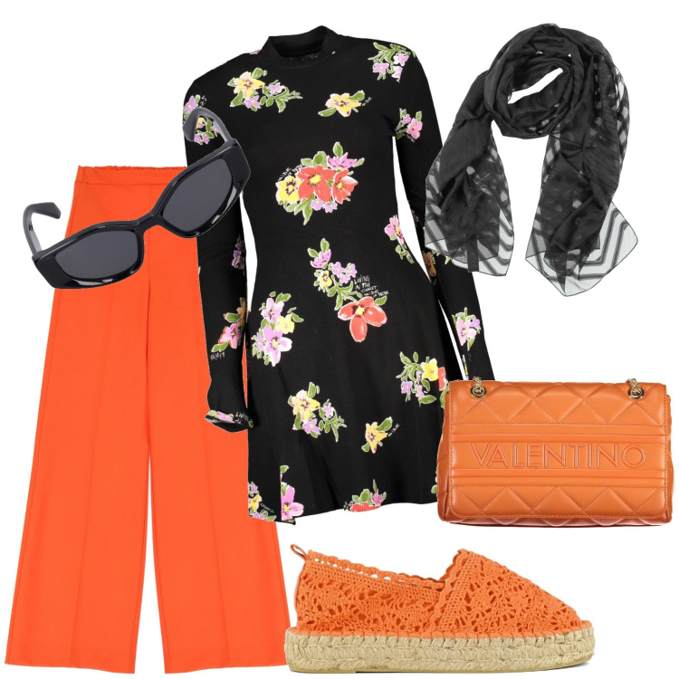 Outfit donna - Fiorata. Stile Casual per Tutti i giorni. Abbinamento con sciarpe, pantaloni a palazzo, espadrillas, vestiti corti, borse a spalla, occhiali da sole.