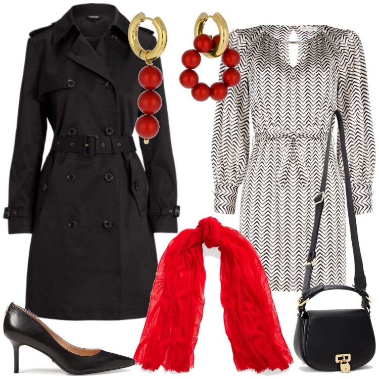 Outfit donna - Pranzo formale. Stile Bon Ton per Tutti i giorni. Abbinamento con vestiti corti, borse a tracolla, sciarpe, décolleté, cappotti, orecchini.