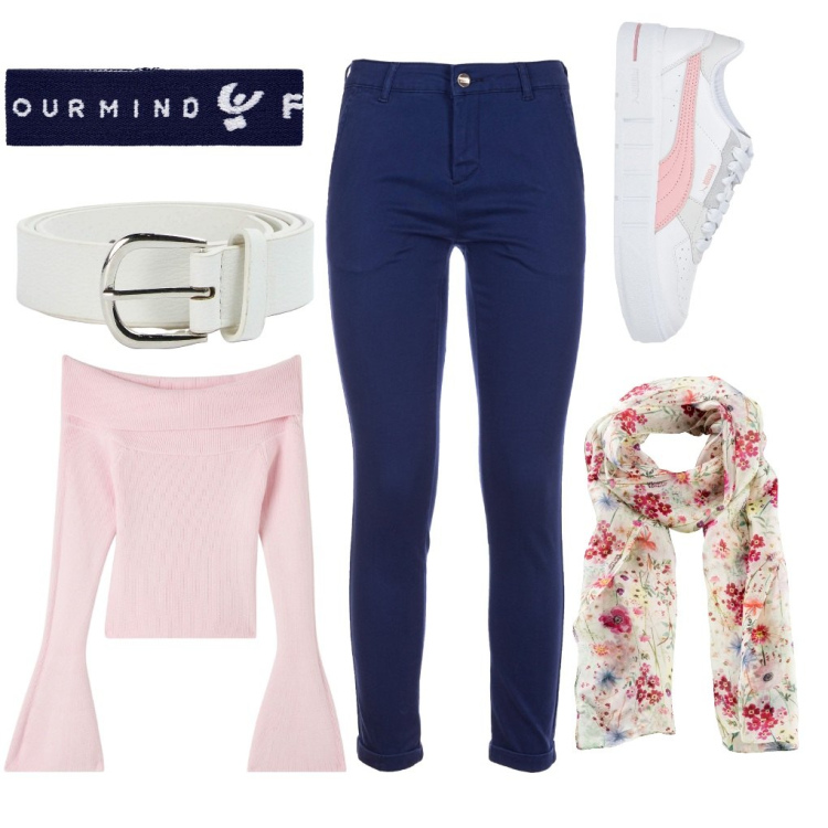 Outfit donna - Gianna: spalle larghe. Stile Urban per Tutti i giorni. Abbinamento con foulard, sneakers, maglieria, cinture, pantaloni, braccialetti.