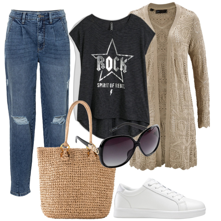 Outfit donna - Primavera SS24. Stile Casual per Tutti i giorni. Abbinamento con cardigans, sneakers, occhiali da sole, jeans, t-shirt, shopping bag.
