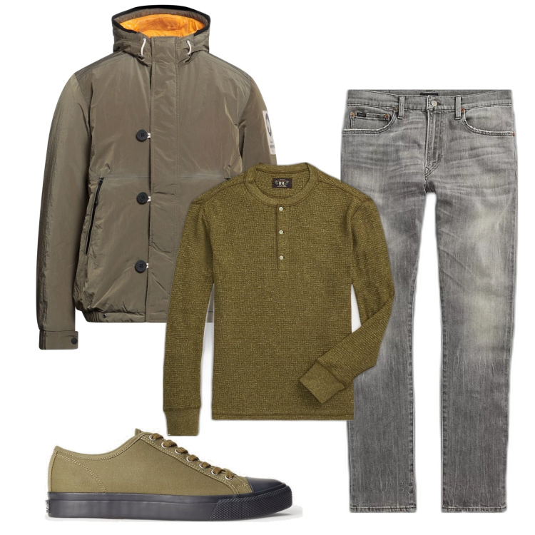 Outfit uomo - Primavera in baita. Stile Casual per Tutti i giorni. Abbinamento con giacche, sneakers, t-shirt, jeans.
