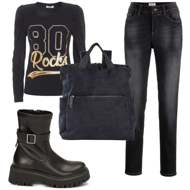 Outfit donna - Total look #1832888. Stile Rock per Tutti i giorni. Abbinamento con zaini, jeans boyfriend, t-shirt, stivaletti.