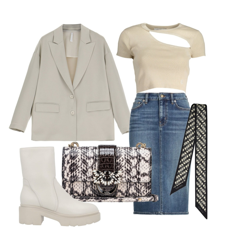 Outfit donna - Ghost outfitter - marzo. Stile Casual per Tutti i giorni. Abbinamento con stivaletti, borse a tracolla, blazer, gonne, foulard, t-shirt.