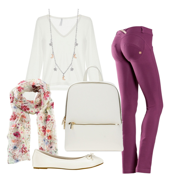 Outfit donna - Ghost outfitter - marzo. Stile Basic per Tutti i giorni. Abbinamento con ballerine, foulard, collane, t-shirt, pantaloni, zaini.