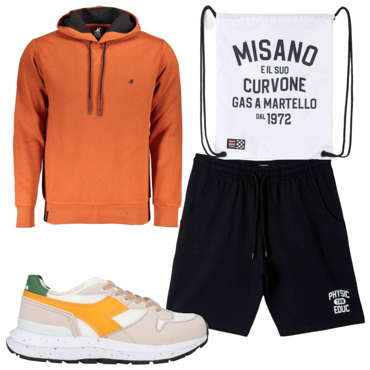 Outfit uomo - Total look #1832930. Stile Trendy per Sport. Abbinamento con sneakers, borse sportive, pantaloni corti, felpe con cappuccio.