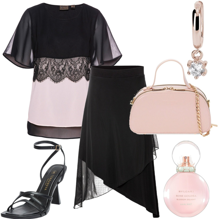 Outfit donna - Rosa tenero e nero. Stile Chic per Serata fuori. Abbinamento con gonne, tuniche, profumi, sandali col tacco, orecchini, borse a mano.