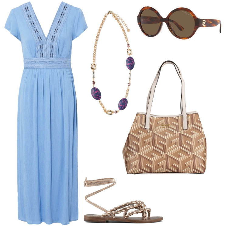 Outfit donna - Aspettando l\' estate. Stile Boho per Tutti i giorni. Abbinamento con vestiti lunghi, occhiali da sole, sandali, ciondoli, borse a spalla.