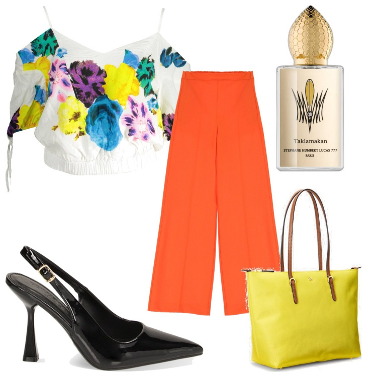 Outfit donna - Maxi tote bag a colori. Stile Trendy per Tutti i giorni. Abbinamento con profumi, pantaloni a palazzo, décolleté, borse tote, t-shirt.