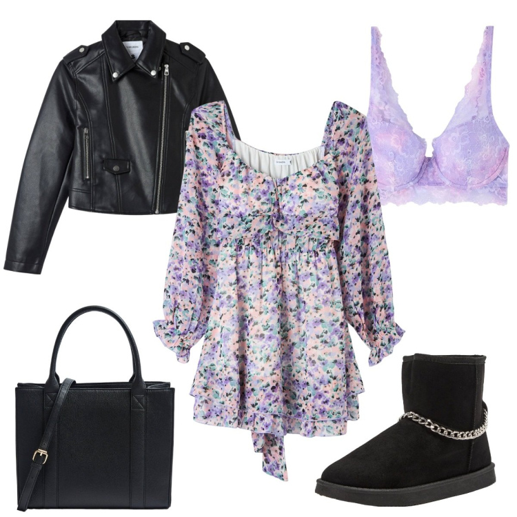 Outfit donna - Glamour in viola. Stile Glamour per Tutti i giorni. Abbinamento con vestiti corti, reggiseni, giacche, stivaletti, shopping bag.