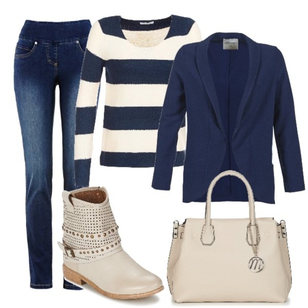 Outfit donna - Basic #16468. Stile Basic per Tutti i giorni. Abbinamento con jeans slim fit, maglione beige, giacca blu, stivaletti beige, borsetta beige.