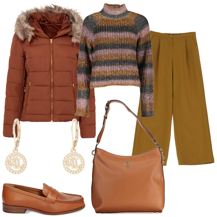 Outfit donna - Giornata fredda con colore caldo. Stile Casual chic per Tutti i giorni. Abbinamento con giacche, orecchini, pantaloni a palazzo, mocassini, maglieria, borse a tracolla.