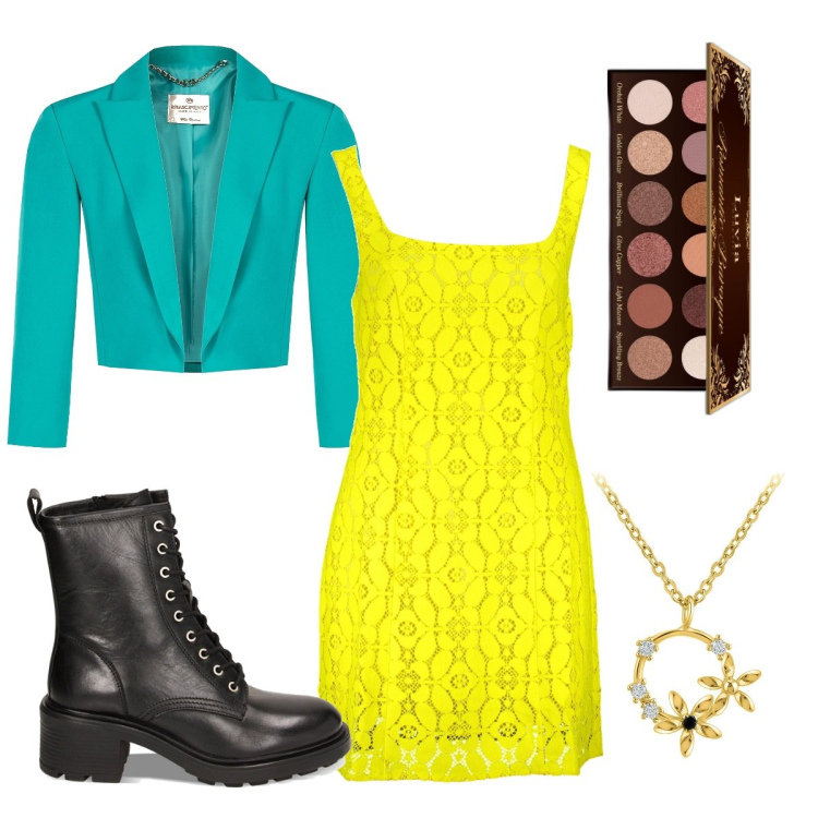 Outfit donna - Spring. Stile Glamour per Serata fuori. Abbinamento con ciondoli, ombretti, blazer, anfibi, vestiti corti.