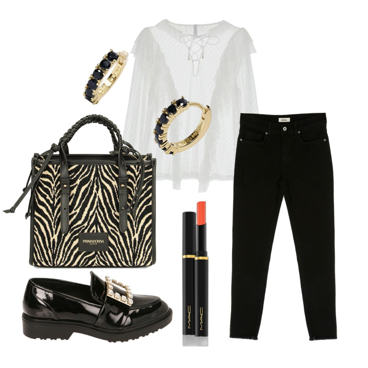 Outfit donna - Ghost outfitter - marzo. Stile Casual chic per Tutti i giorni. Abbinamento con rossetti, orecchini, camicie, borse a mano, mocassini, pantaloni.