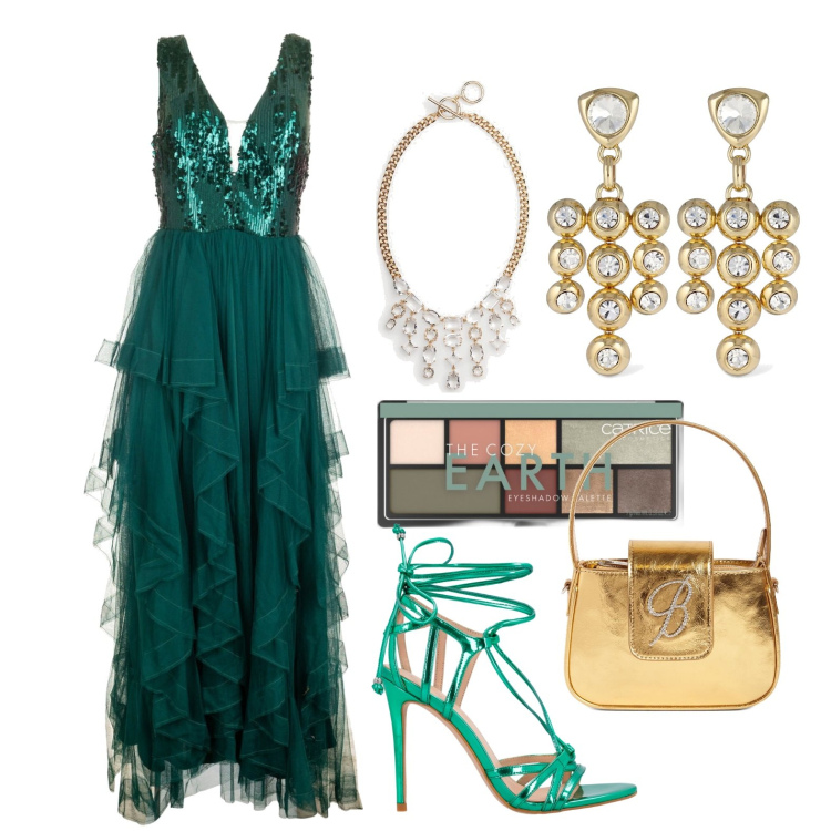 Outfit donna - Ghost outfitter - marzo. Stile Glamour per Cerimonia. Abbinamento con ombretti, sandali in pelle, vestiti lunghi, collane, borse a mano, orecchini.
