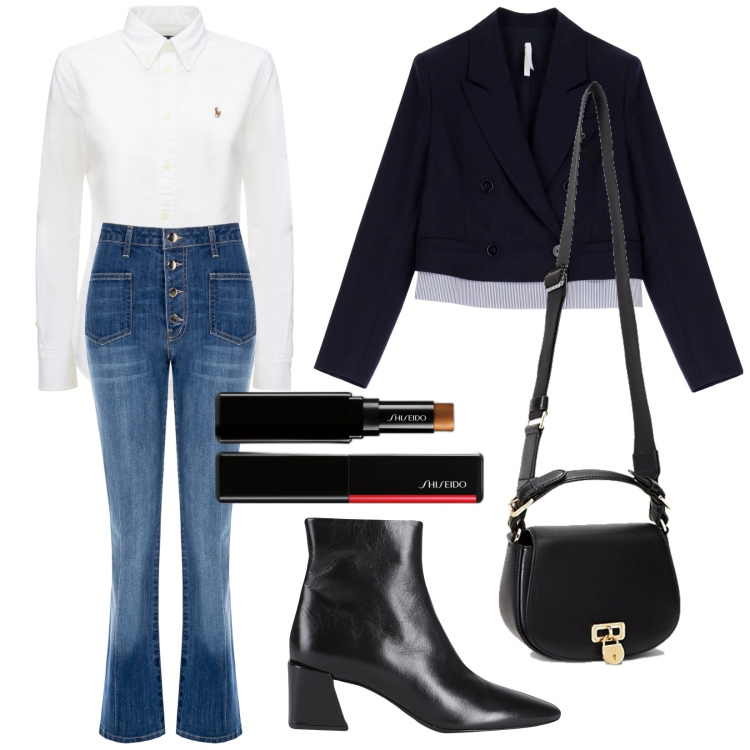 Outfit donna - Total look #1833024. Stile Trendy per Tutti i giorni. Abbinamento con stivaletti, correttori, jeans a zampa, blazer, borse a tracolla, camicie.