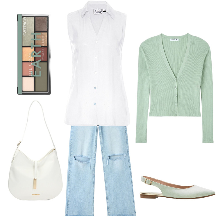 Outfit donna - Cardigan verde menta. Stile Casual per Tutti i giorni. Abbinamento con camicie, ballerine, ombretti, jeans strappati, cardigans, borse a spalla.
