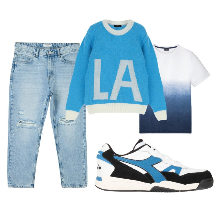Outfit uomo - Total look #1833059. Stile Casual per Tutti i giorni. Abbinamento con t-shirt, sneakers, jeans strappati, maglieria.