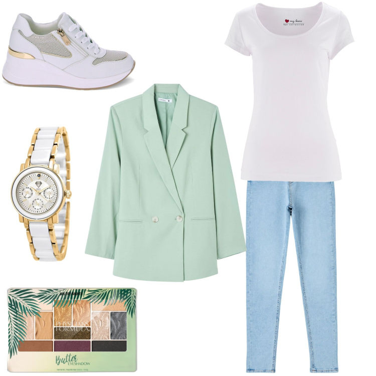 Outfit donna - Giacca verde mela. Stile Basic per Tutti i giorni. Abbinamento con maglieria, orologi, ombretti, blazer, jeans skinny, sneakers.