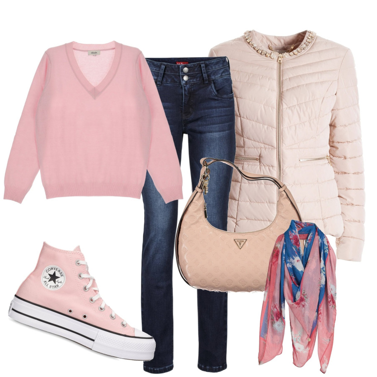 Outfit donna - City. Stile Casual chic per Tutti i giorni. Abbinamento con jeans, sciarpe, piumini, pullovers, sneakers, borse a spalla.