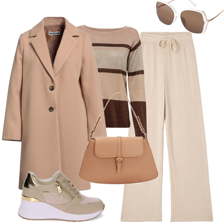 Outfit donna - City. Stile Casual chic per Tutti i giorni. Abbinamento con maglieria, occhiali da sole, cappotti, pantaloni, sneakers, borse a spalla.