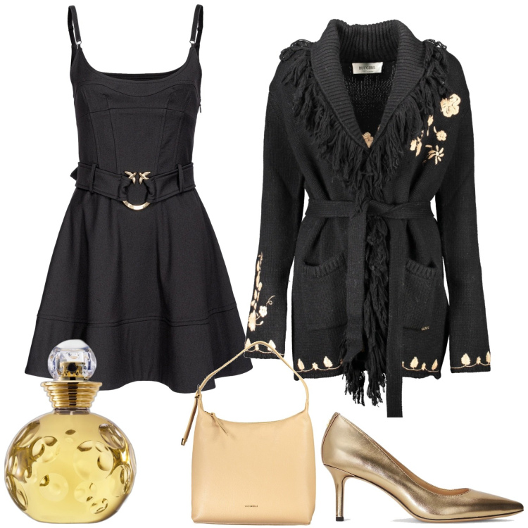 Outfit donna - Black and Gold. Stile Trendy per Serata fuori. Abbinamento con profumi, vestiti senza maniche, décolleté, maglieria, borse a spalla.