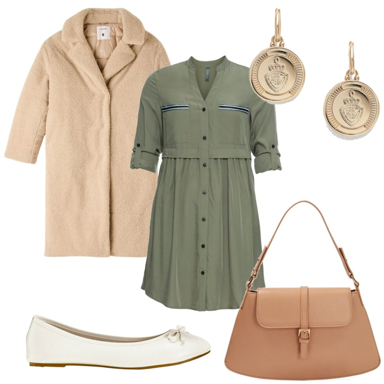 Outfit donna - Total look #1833090. Stile Trendy per Tutti i giorni. Abbinamento con ballerine, vestiti chemisier, cappotti, borse a spalla, orecchini.