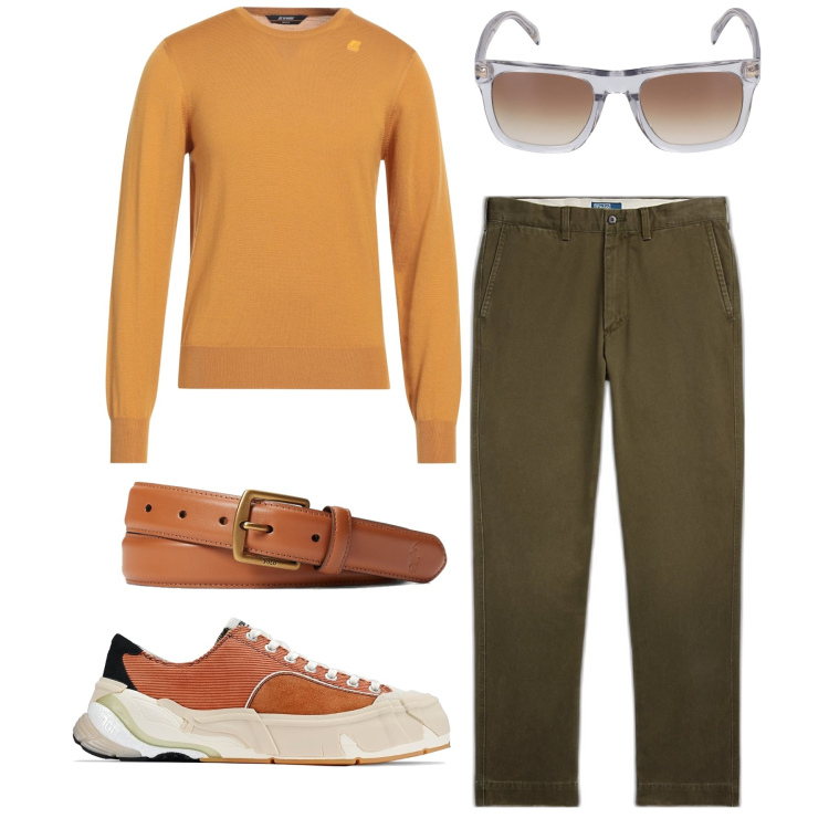 Outfit uomo - Curry e oliva. Stile Casual per Tutti i giorni. Abbinamento con pullovers, pantaloni, cinture, occhiali da sole, sneakers.