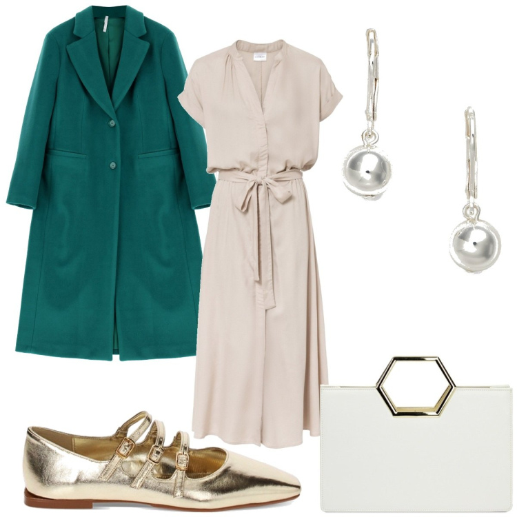 Outfit donna - Total look #1833103. Stile Trendy per Tutti i giorni. Abbinamento con vestiti chemisier, cappotti, borse a mano, ballerine, orecchini.