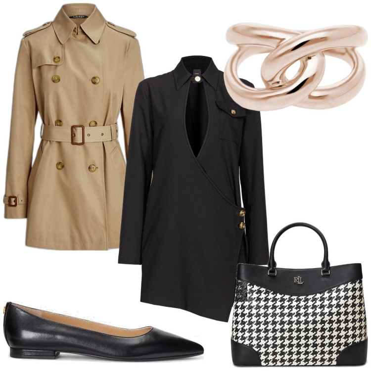 Outfit donna - Total look #1833117. Stile Trendy per Tutti i giorni. Abbinamento con anelli, vestiti chemisier, ballerine, trench, borse a mano.