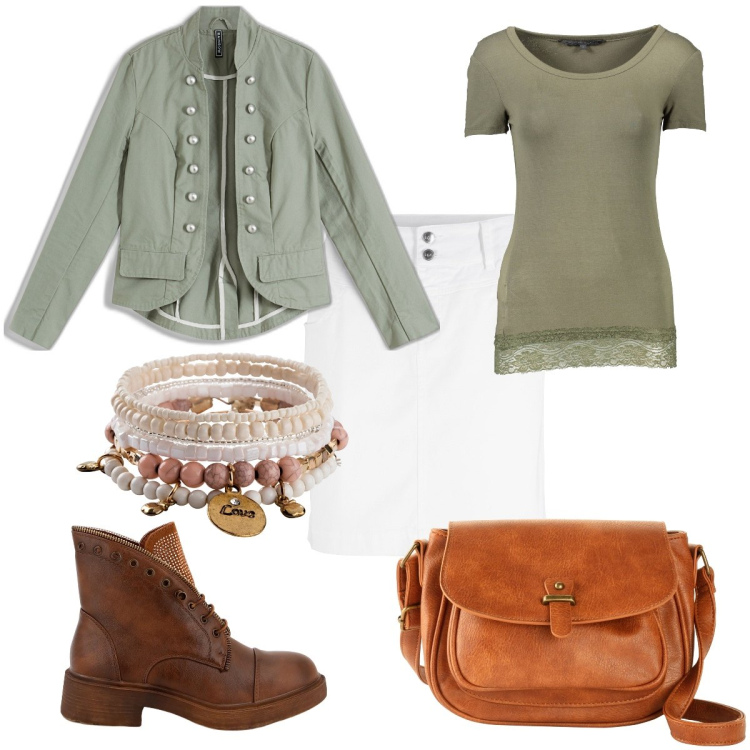 Outfit donna - Total look #1833143. Stile Boho Abbinamento con minigonne, borse a tracolla, braccialetti, blazer, stivaletti, t-shirt.