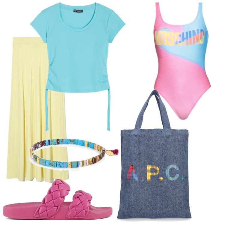Outfit donna - Idee per il mare. Stile Bon Ton per Mare. Abbinamento con costumi interi, braccialetti, gonne lunghe, t-shirt, ciabatte, shopping bag.
