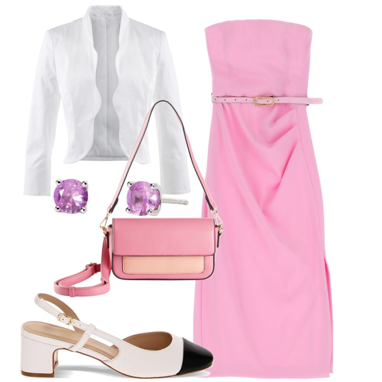 Outfit donna - City. Stile Chic per Tutti i giorni. Abbinamento con blazer, borse a mano, orecchini, vestiti corti, décolleté.