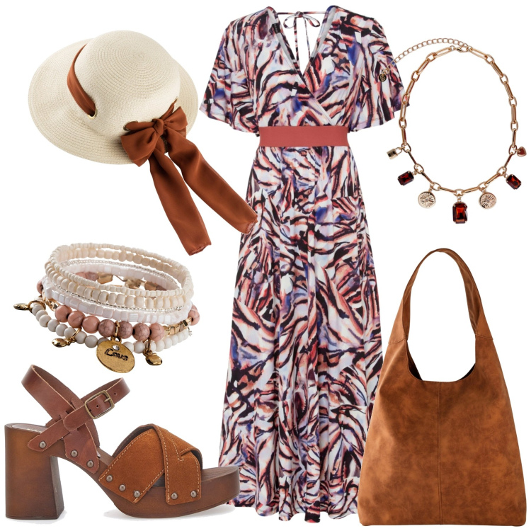 Outfit donna - Curvy bohémien. Stile Boho per Tutti i giorni. Abbinamento con braccialetti, cappelli, vestiti lunghi, shopping bag, collane, zoccoli.