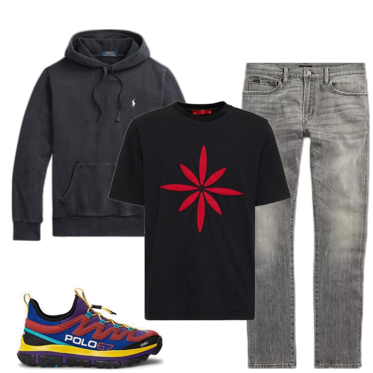 Outfit uomo - Rosa dei venti. Stile Urban per Tutti i giorni. Abbinamento con felpe con cappuccio, jeans, sneakers, t-shirt.