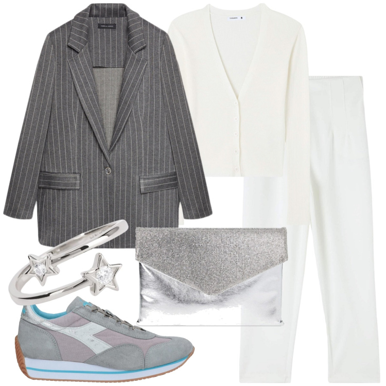 Outfit donna - Maxi blazer gessato. Stile Casual chic per Serata fuori. Abbinamento con sneakers, pantaloni chino, cardigans, anelli, pochette, blazer.