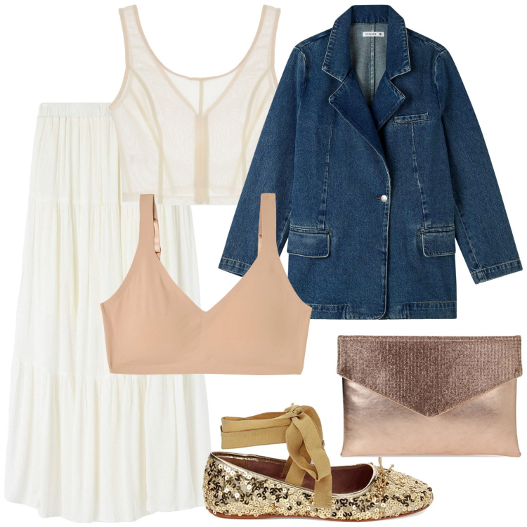 Outfit donna - Maxi blazer in denim. Stile Trendy per Serata fuori. Abbinamento con blazer, reggiseni a balconcino, gonne lunghe, top, ballerine, pochette.