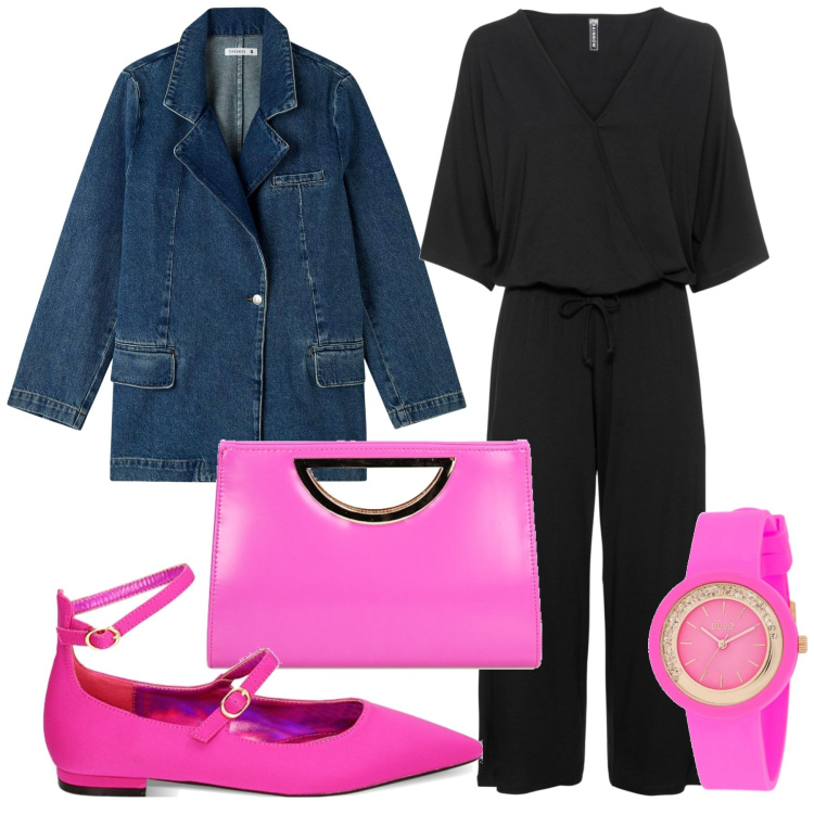 Outfit donna - Maxi blazer e jumpsuit. Stile Trendy per Serata fuori. Abbinamento con tute, orologi, blazer, ballerine, pochette.