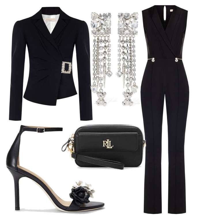 Outfit donna - La jumpsuit must have. Stile Chic per Cerimonia. Abbinamento con tute, blazer, pochette, sandali in pelle, orecchini.