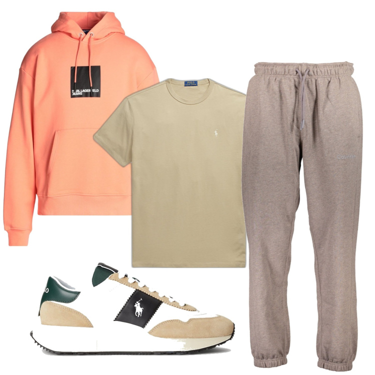 Outfit uomo - Corsa pomeridiana. Stile Casual per Sport. Abbinamento con felpe con cappuccio, t-shirt, sneakers, pantaloni sportivi.