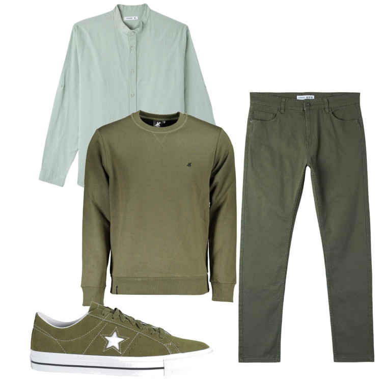 Outfit uomo - Verde. Stile Urban per Tutti i giorni. Abbinamento con sneakers, camicie, pantaloni skinny, felpe.
