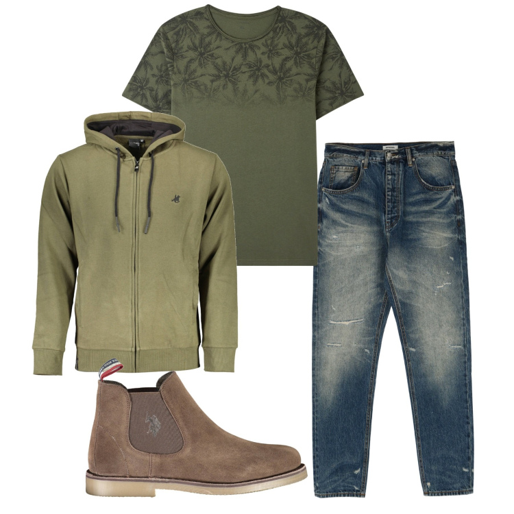 Outfit uomo - City green. Stile Urban per Tutti i giorni. Abbinamento con t-shirt, jeans dritti, felpe con cappuccio, stivali.
