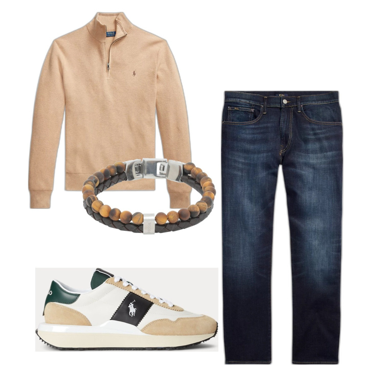 Outfit uomo - Polo e sneakers. Stile Urban per Tutti i giorni. Abbinamento con braccialetti, jeans dritti, sneakers, maglieria.