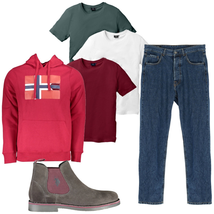Outfit uomo - Norway. Stile Urban per Tutti i giorni. Abbinamento con t-shirt, jeans dritti, stivali, felpe con cappuccio.