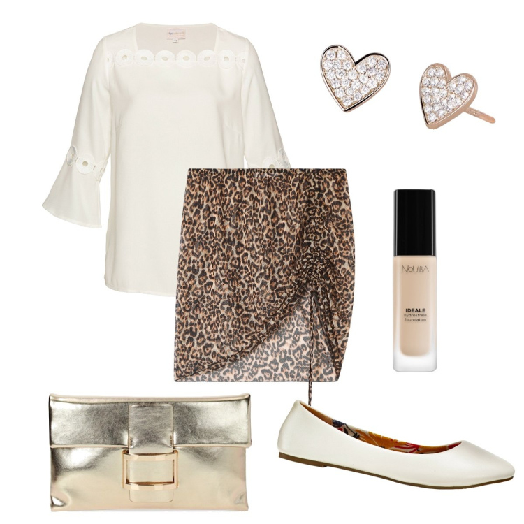 Outfit donna - La minigonna leopardata. Stile Bon Ton per Tutti i giorni. Abbinamento con ballerine, bluse, fondotinta, minigonne, orecchini, pochette.
