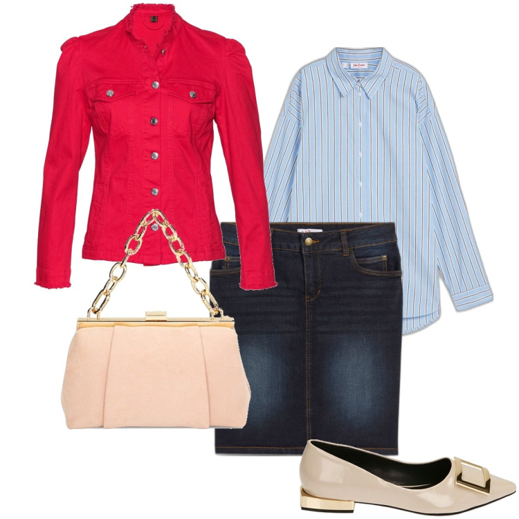 Outfit donna - La gonna in denim blu. Stile Casual chic per Ufficio. Abbinamento con gonne, blazer, camicie, ballerine, borse a spalla.