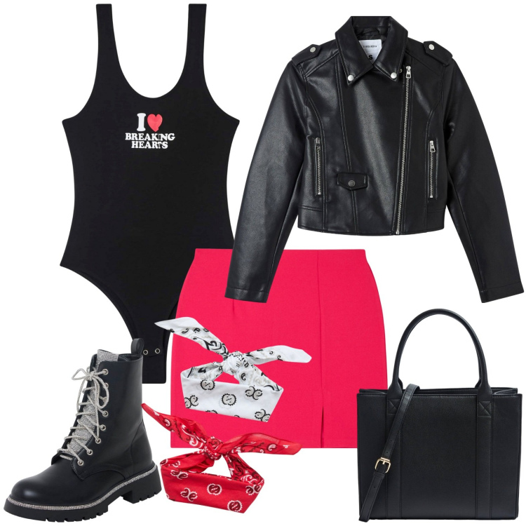 Outfit donna - Primavera. Stile Casual per Tutti i giorni. Abbinamento con body, giacche, minigonne, fasce per capelli, shopping bag, anfibi.