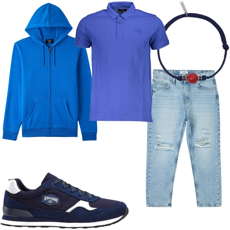 Outfit uomo - Jeans e felpa per la libertà. Stile Casual per Tutti i giorni. Abbinamento con sneakers, jeans strappati, felpe con cappuccio, braccialetti, polo.